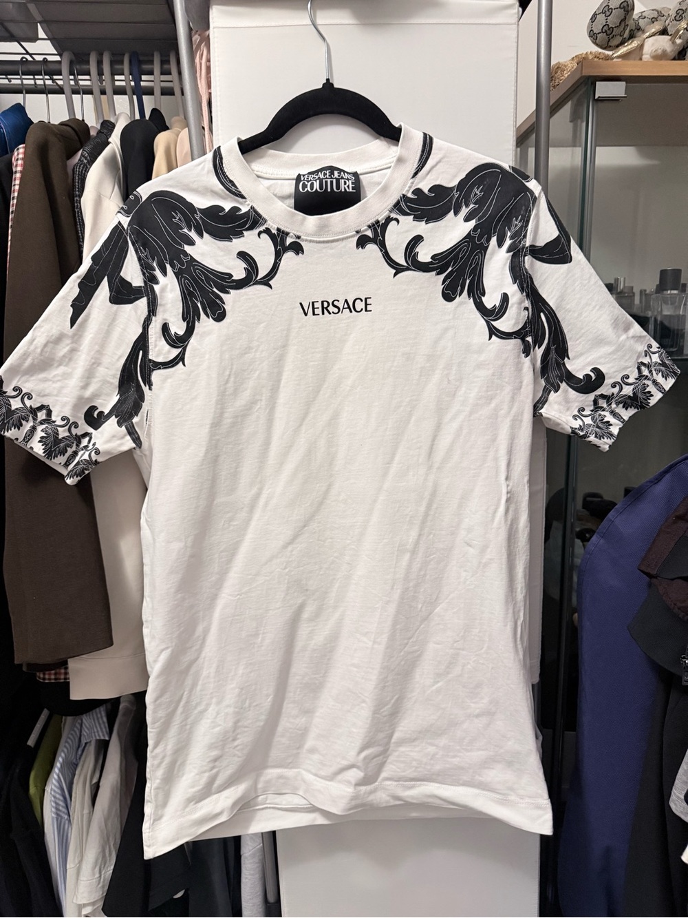 Versace White T-Shirt with Black Baroque Shoulder Print
